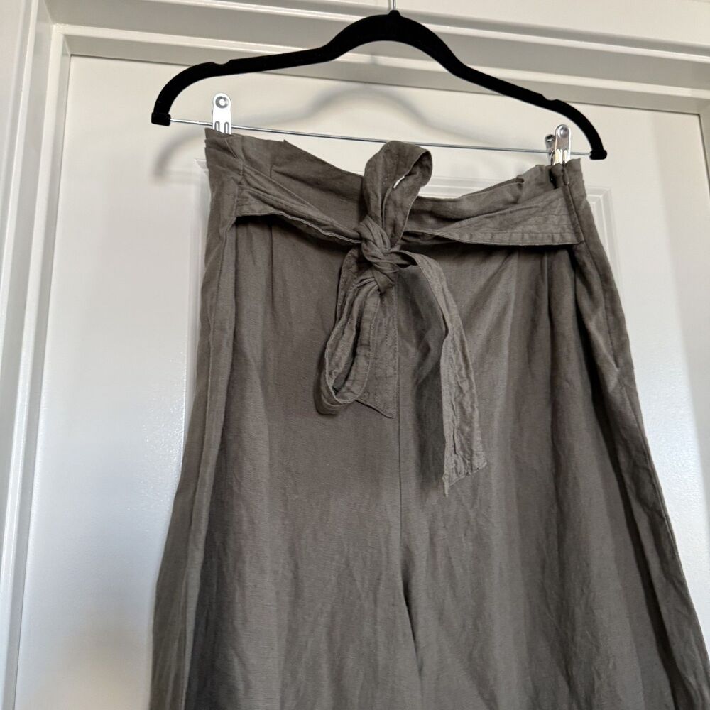 Zara 100% linen wide leg XL paper bag trouser belted olive green summer - Picture 5 of 13